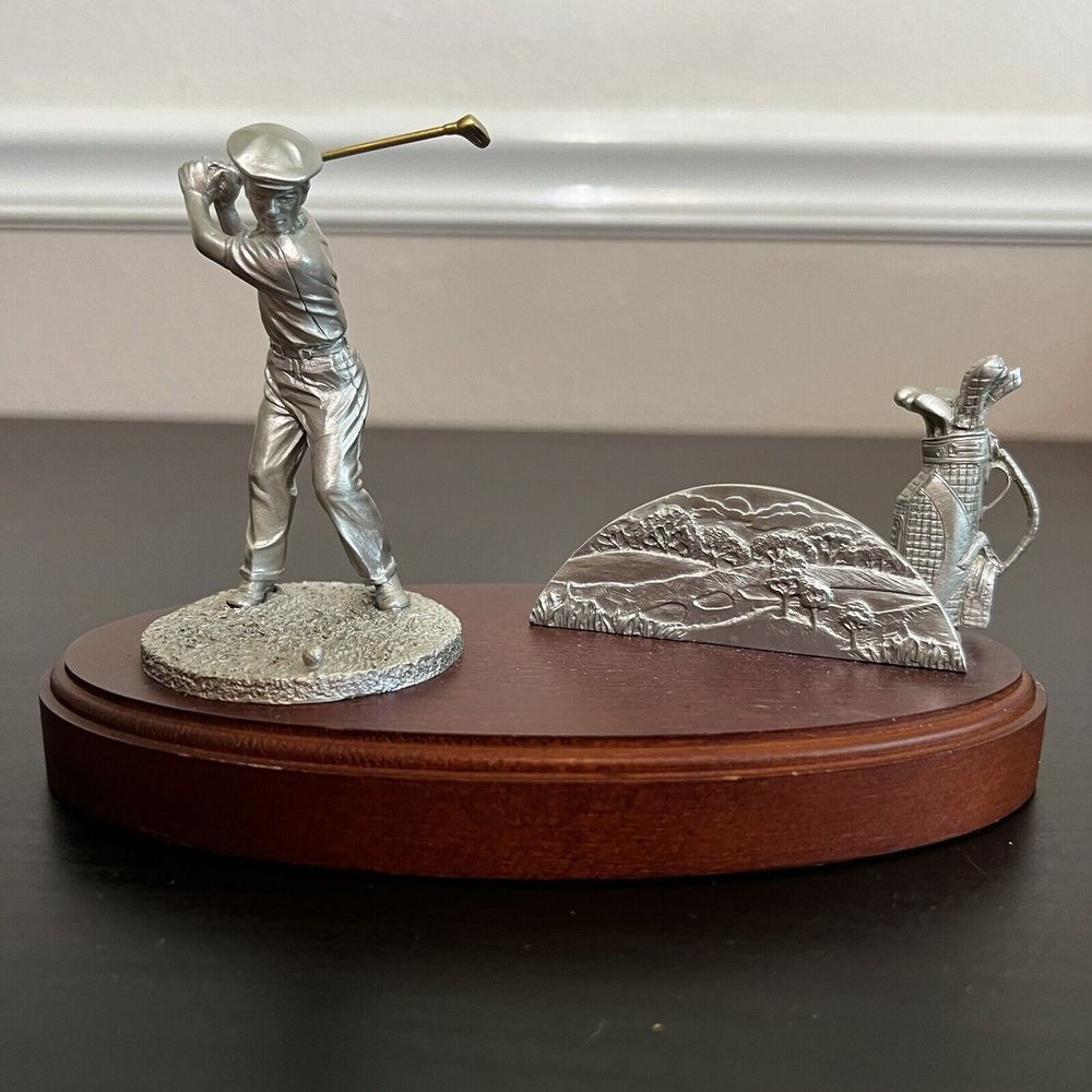 Vintage Golfer Business Card Holder Pewter Wood Office Golf Library W T Wilson‎
